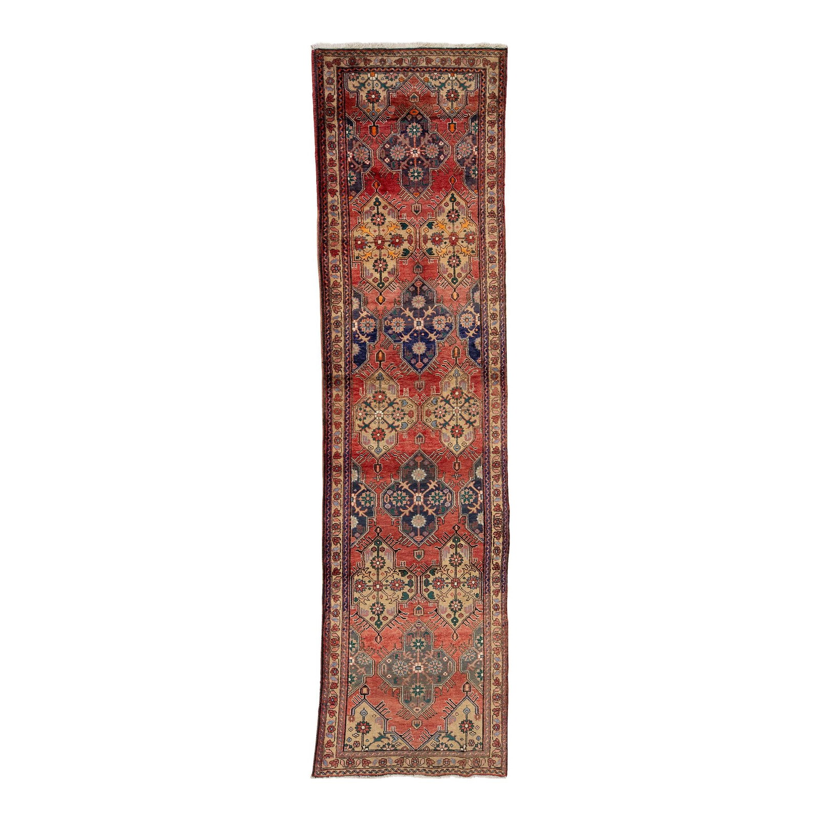 Vintage Handmade Persian Wool Rug 3'4 x 13 Red Geometric Pattern: Vintage Handmade Persian Wool Rug 3'4 x 13 Red Geometric Pattern This vintage Persian handmade Heriz wool rug showcases a striking red field adorned with a vibrant multicolor geometric pattern. Ideal 