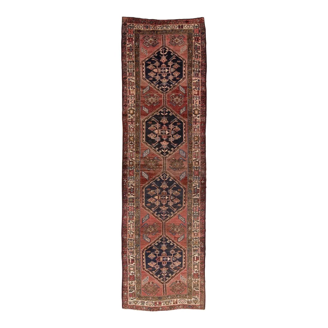 Vintage Persian Heriz Wool Runner 3'9 x 12'11 Red Tribal Design: Vintage Persian Heriz Wool Runner 3'9 x 12'11 Red Tribal Design Discover the timeless beauty of this vintage Persian Heriz hand-knotted wool runner. Featuring five striking navy hexagonal medallions c