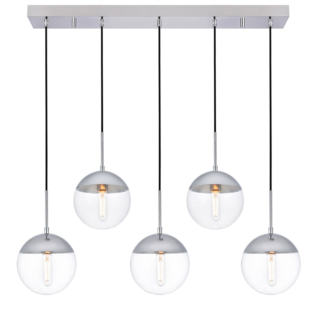 Eclipse 5-Light Chrome Glass Pendant Chandelier: Eclipse 5-Light Chrome Glass Pendant Chandelier This modern five-light chandelier features a polished chrome finish and clear round glass globe shades, offering a contemporary look suitable for foyers