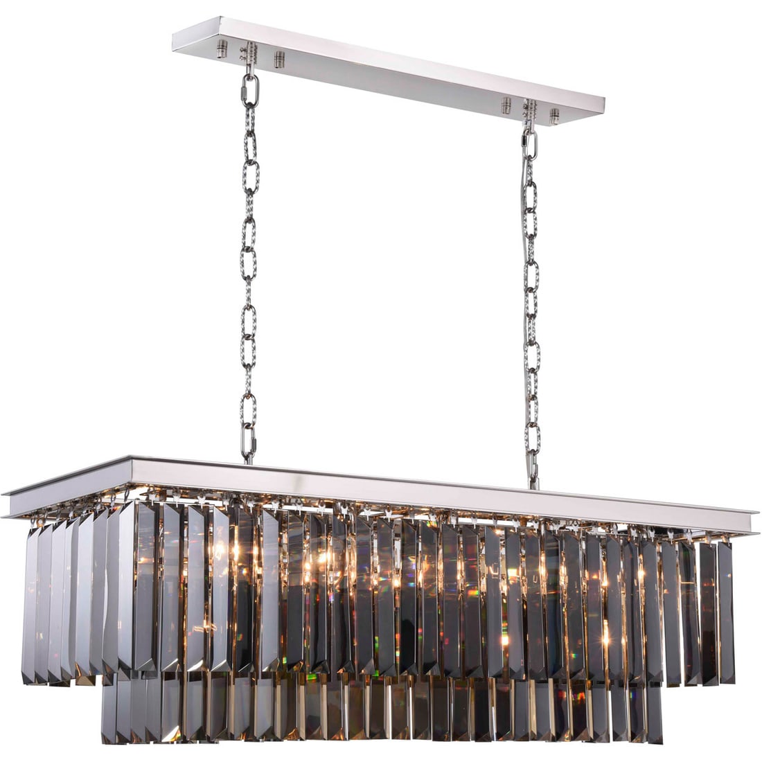 Sydney 12-Light Crystal Chandelier Polished Nickel 40 inch: Sydney 12-Light Crystal Chandelier Polished Nickel 40 inch This modern crystal chandelier features a polished nickel frame with a rectangular design, making it an elegant centerpiece for foyers, dinin