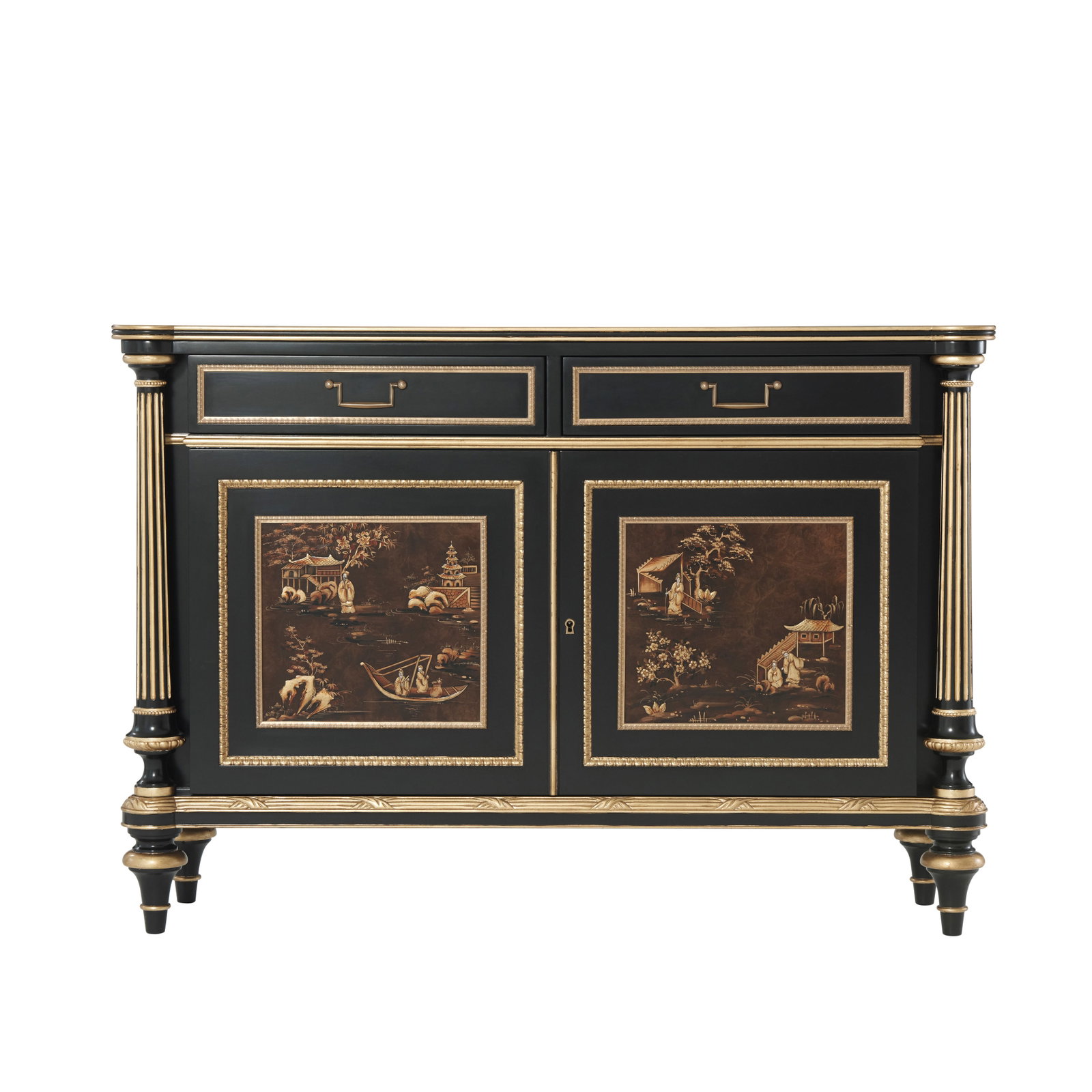 Theodore Alexander Chinoiserie Side Cabinet by Lord Spencer: Theodore Alexander Chinoiserie Side Cabinet by Lord Spencer Introducing the Chinoiserie Side Cabinet by Lord Spencer, a striking piece that brings vintage charm to any space. This cabinet features a s