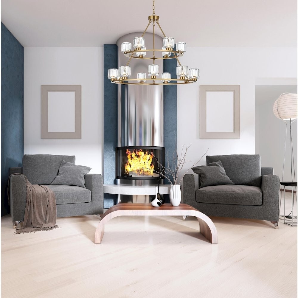 Satin Gold 15 Light Glass Chandelier Cadence 36 Inch: Satin Gold 15 Light Glass Chandelier Cadence 36 Inch This large chandelier features a satin gold metal frame with 15 glass shades, offering both upward and downward lighting. The fixture is designed f