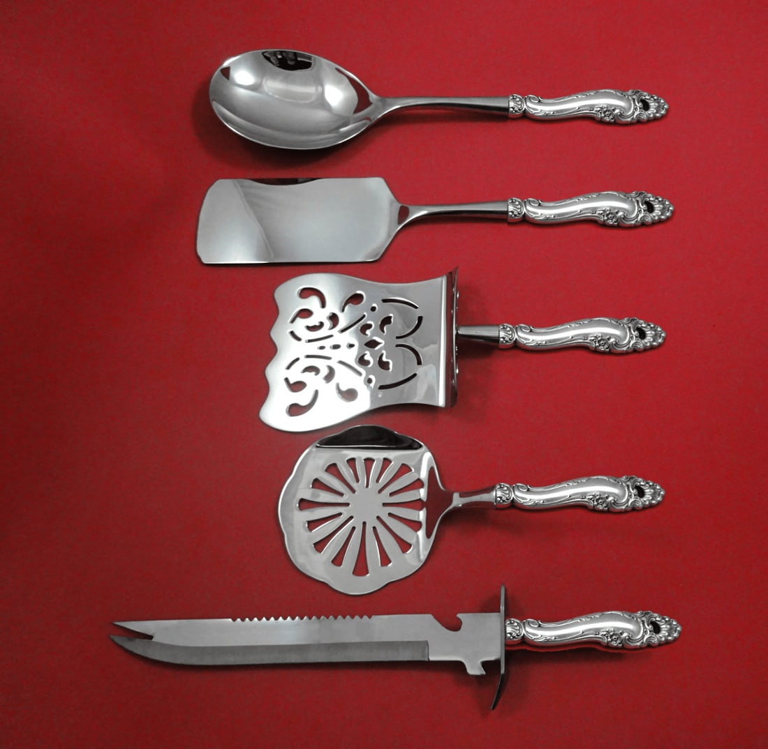 Gorham Decor Sterling Silver 5pc Brunch Serving Set: Gorham Decor Sterling Silver 5pc Brunch Serving Set Enhance your brunch gatherings with this exquisite 5-piece serving set from Gorham's Decor pattern. Crafted from sterling silver with custom-made ho