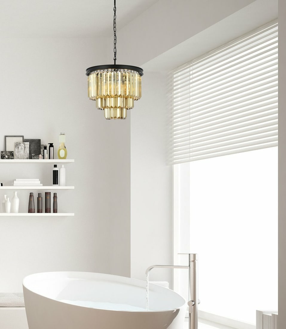 Sydney 9-Light Matte Black Crystal Chandelier 20 inch: Sydney 9-Light Matte Black Crystal Chandelier 20 inch This modern chandelier features a matte black frame adorned with high-quality golden teak crystals, creating a striking contemporary centerpiece f