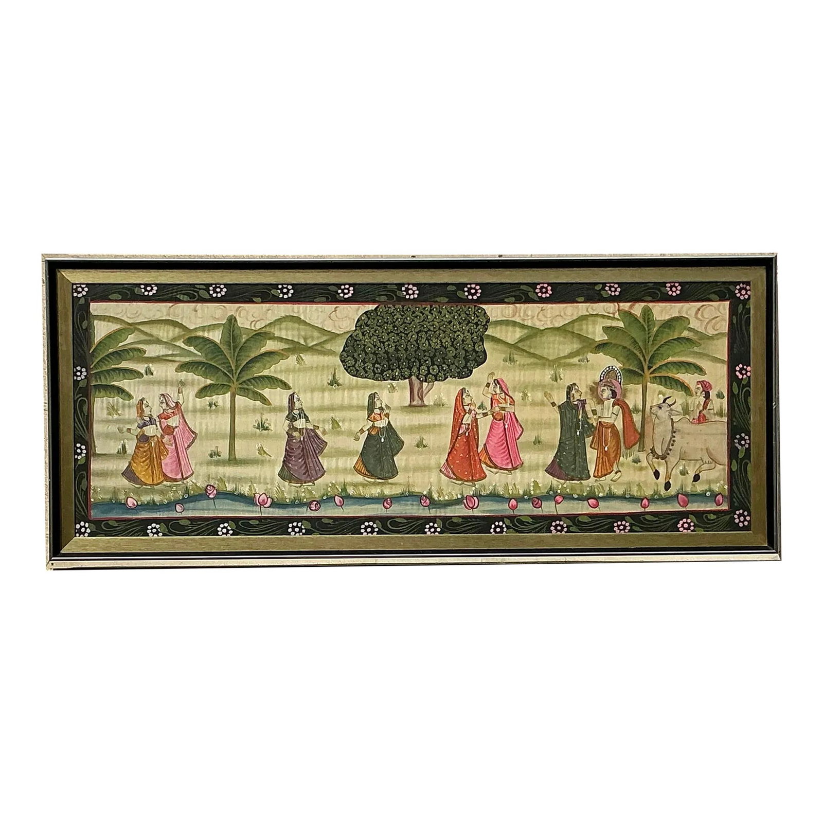 Vintage Pishwaa Silk Painting Framed Indian Landscape Art: Vintage Pishwaa Silk Painting Framed Indian Landscape Art This stunning vintage Pishwaa painting on silk showcases intricate artistry with vibrant colors that breathe life into its depiction of a trad