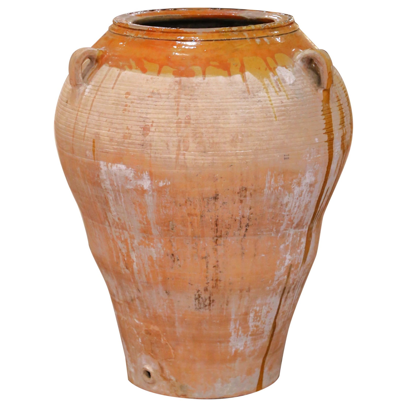 French Country Terracotta Olive Oil Vessel with Glazed Shoulder and Handles circa 1880: French Country Terracotta Olive Oil Vessel with Glazed Shoulder and Handles circa 1880 This substantial antique French olive oil jar dates to the late 19th century and was hand-crafted in southern Fra