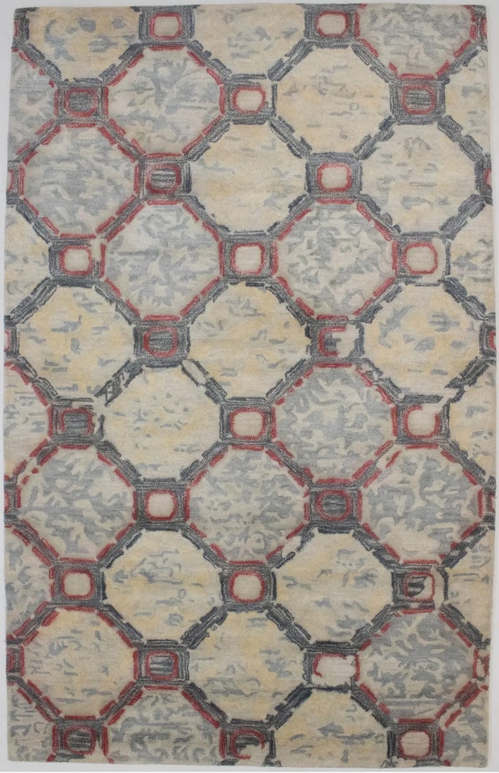 5x8 Wool Modern Geometric Hand-Tufted Area Rug Multicolor Art Deco Style: 5x8 Wool Modern Geometric Hand-Tufted Area Rug Multicolor Art Deco Style This hand-tufted Art Deco area rug features a modern geometric design in a multicolor palette including beige, gray, charcoal, 