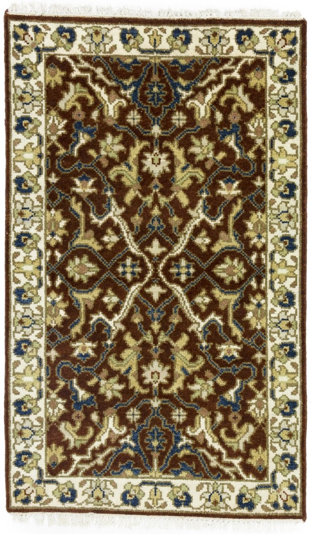 3'0 x 4'11 Hand-Knotted Wool Floral Entry Rug Rust Brown Cream: 3'0 x 4'11 Hand-Knotted Wool Floral Entry Rug Rust Brown Cream This handmade Chobi rug features a rust, cream, beige, brown, and navy blue floral pattern, crafted in a traditional style with modern de