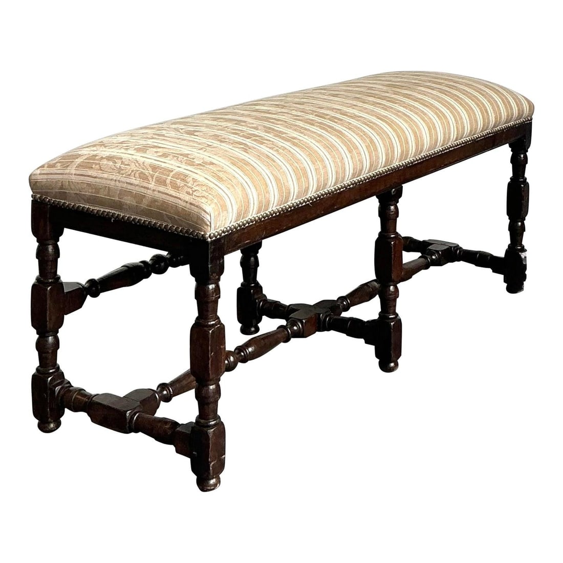 Spanish oak bench with striped damask upholstery and brass nailheads (1 of 10)
