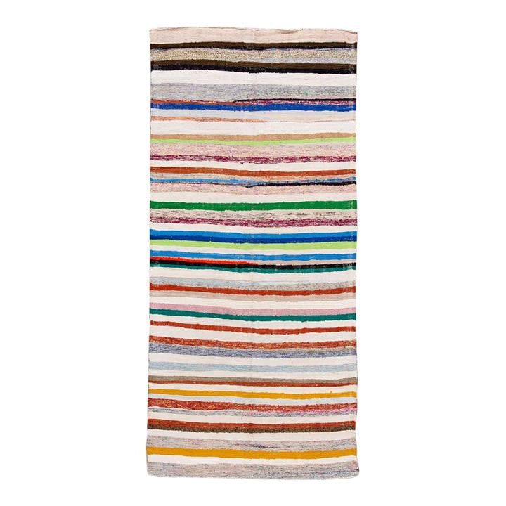 Vintage Kilim Hand-Knotted Wool Rug with Multicolored Stripes: Vintage Kilim Hand-Knotted Wool Rug with Multicolored Stripes Add a touch of elegance to your space with this stunning vintage Kilim handmade wool rug. Featuring a beautiful ivory field adorned with a