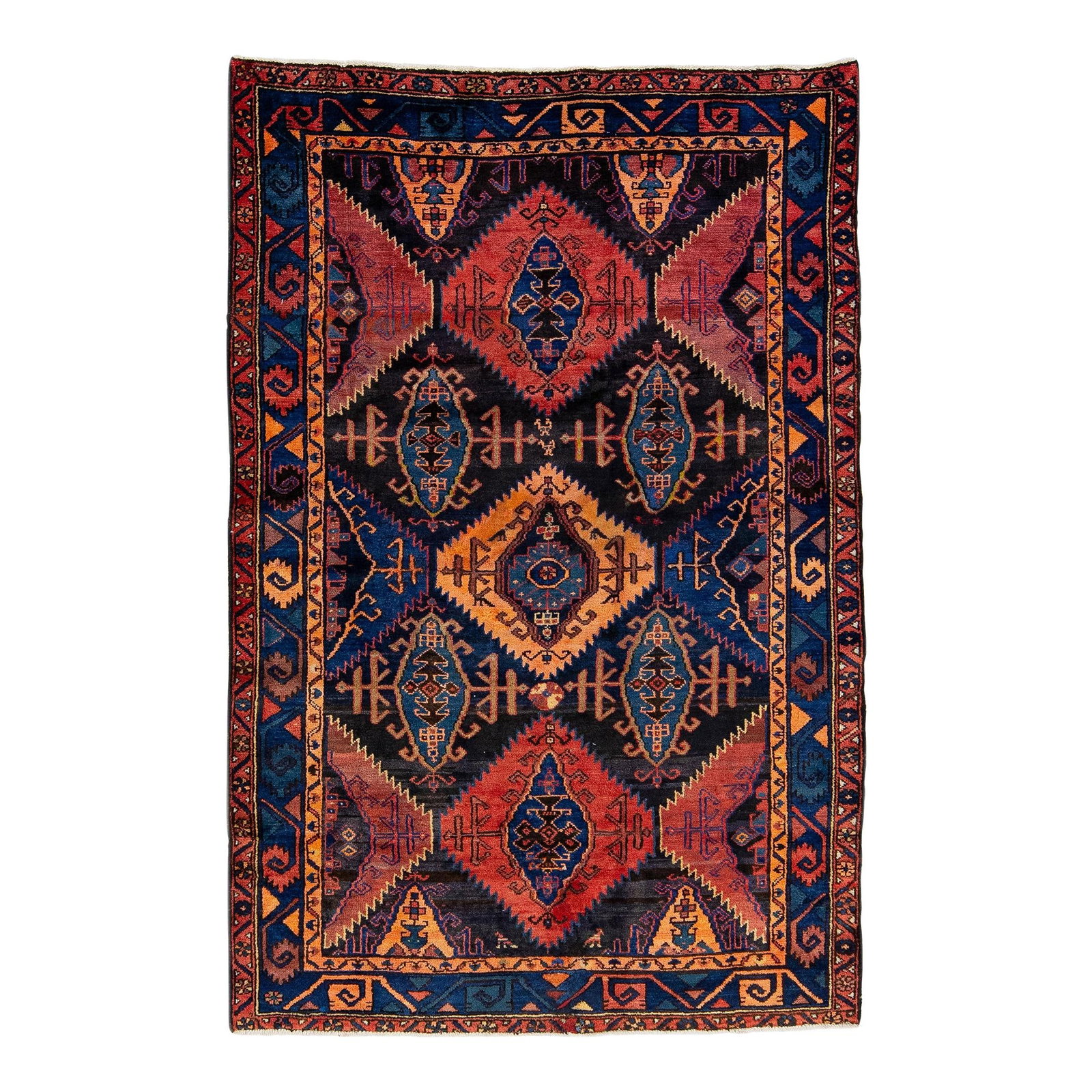 Vintage Persian Bakhtiari Hand-Knotted Blue Medallion Wool Rug 4'4 x 6'8: Vintage Persian Bakhtiari Hand-Knotted Blue Medallion Wool Rug 4'4 x 6'8 Experience the elegance of this vintage Persian Bakhtiari hand-knotted wool rug, showcasing a stunning blue color field. The de