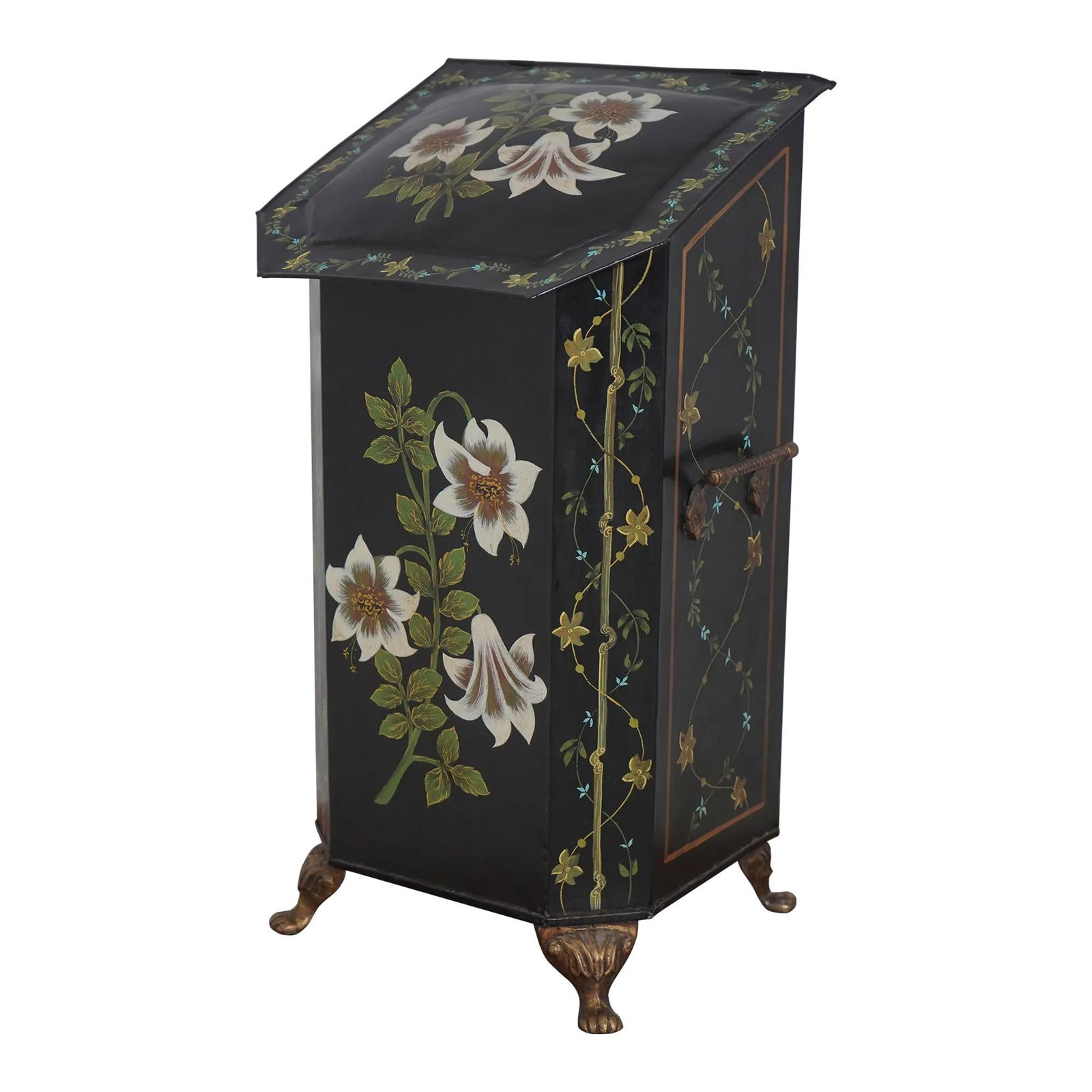 Hand Painted Black Toleware Bin with Brass Paw Feet (1 of 10)