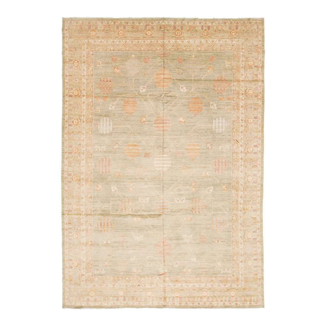 Hand Knotted Wool Khotan Pomegranate Rug 10x14: Hand Knotted Wool Khotan Pomegranate Rug 10x14 This modern Khotan style handmade wool rug features a sophisticated design inspired by the traditional "Pomegranate" motifs of East Turkestan. Crafted wi