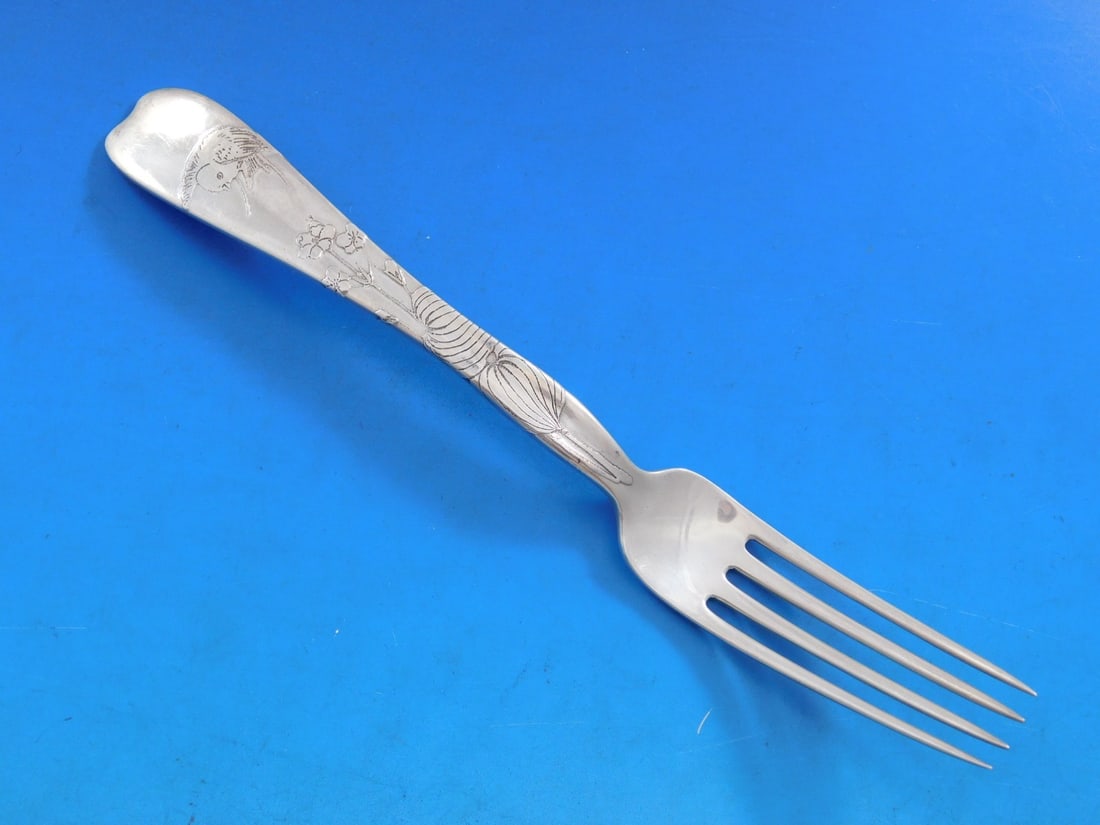 Tiffany & Co. Sterling Silver Fork Lap Over Edge Swallow Bird 7.25": Tiffany & Co. Sterling Silver Fork Lap Over Edge Swallow Bird 7.25" This exquisite sterling silver regular fork features the iconic Lap Over Edge pattern, beautifully acid etched with a swallow bird d