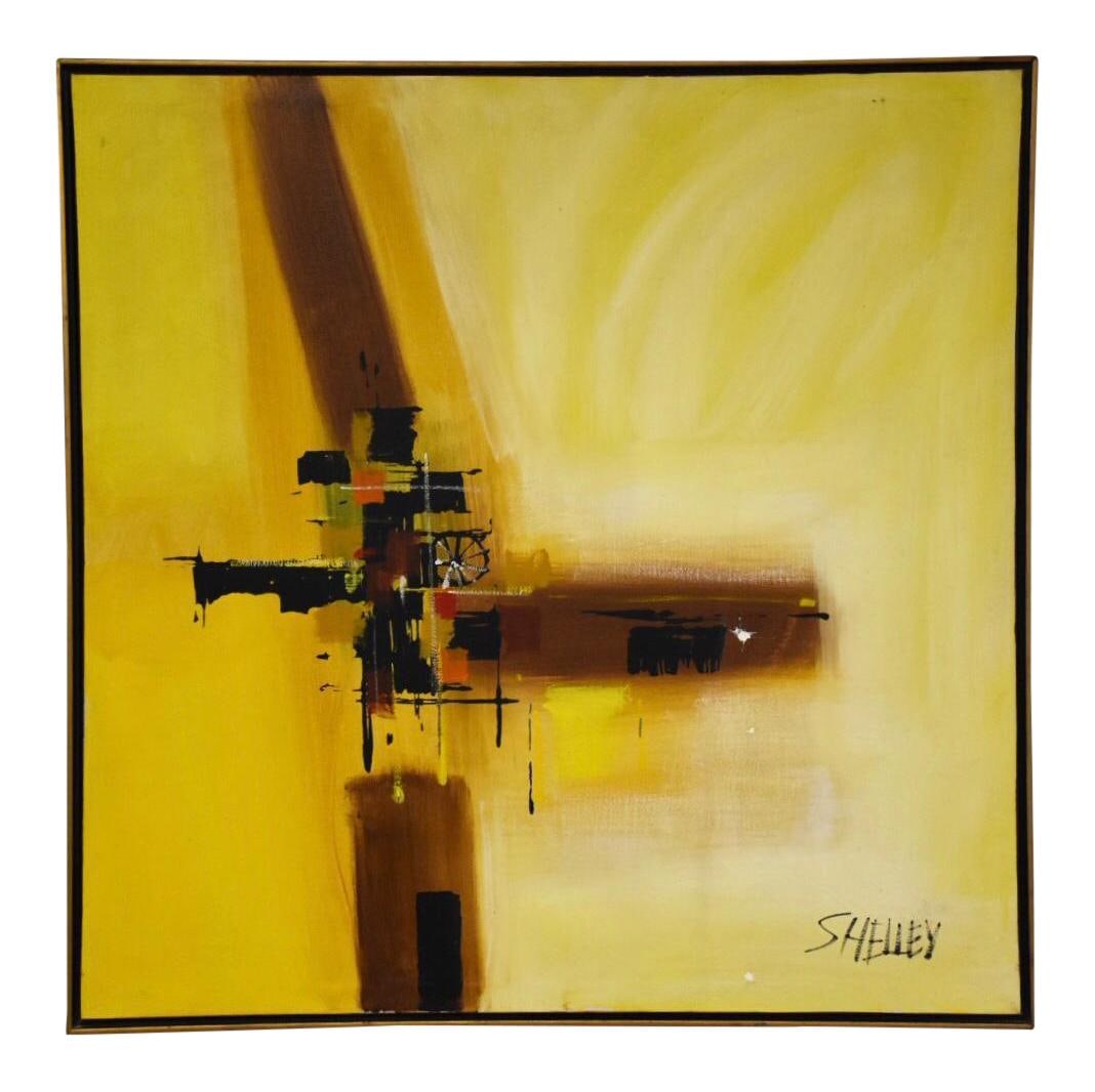 Mid Century Modern Yellow Abstract Oil Painting by Shelley 37x37: Mid Century Modern Yellow Abstract Oil Painting by Shelley 37x37 This stunning mid-century modern abstract painting is a captivating piece of art that showcases vibrant yellow hues on a canvas. Skillf