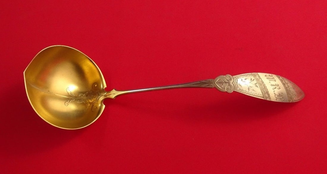 Vanderslice Coin Silver Soup Ladle Gold Wash Bright Cut 12 3/4" (1 of 1)