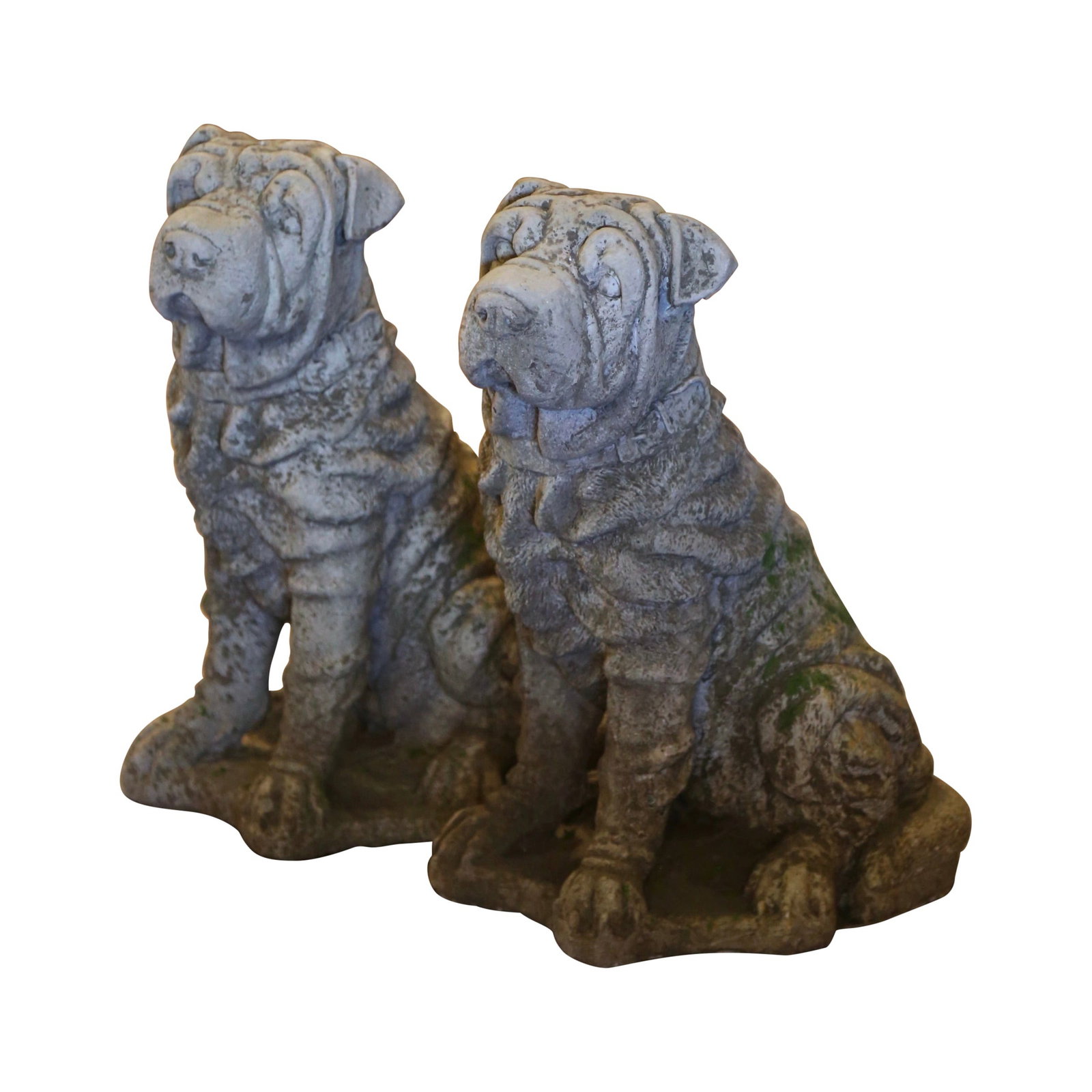 Set of 2 Vintage French Carved Stone Shar Pei Dog Sculptures: Set of 2 Vintage French Carved Stone Shar Pei Dog Sculptures Enhance your outdoor space with this delightful pair of vintage French Shar Pei dog sculptures. Crafted in southern France around 2010, the