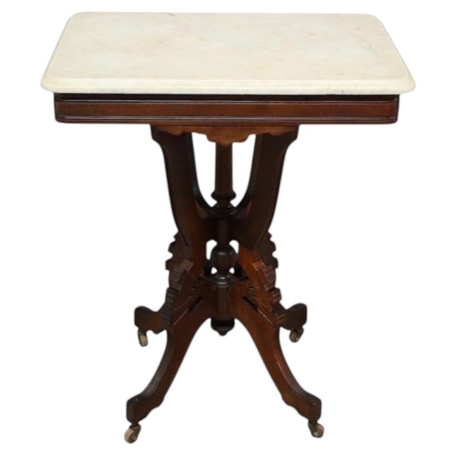 C1890 Eastlake Style Walnut Accent Table with Square Marble Top (1 of 11)
