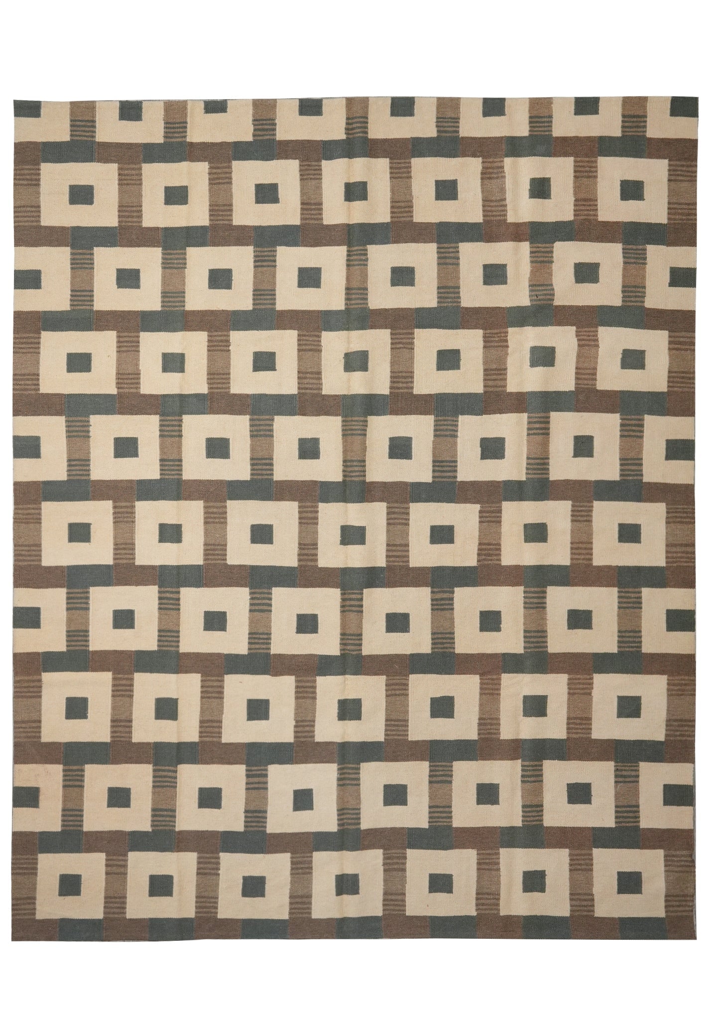 Handmade Flat Weave Wool Lauren Rug 9' 4 x 11' 5 Contemporary: Handmade Flat Weave Wool Lauren Rug 9' 4 x 11' 5 Contemporary Free continental US Shipping This handmade flat weave rug features a contemporary geometric pattern with alternating squares in brown and 