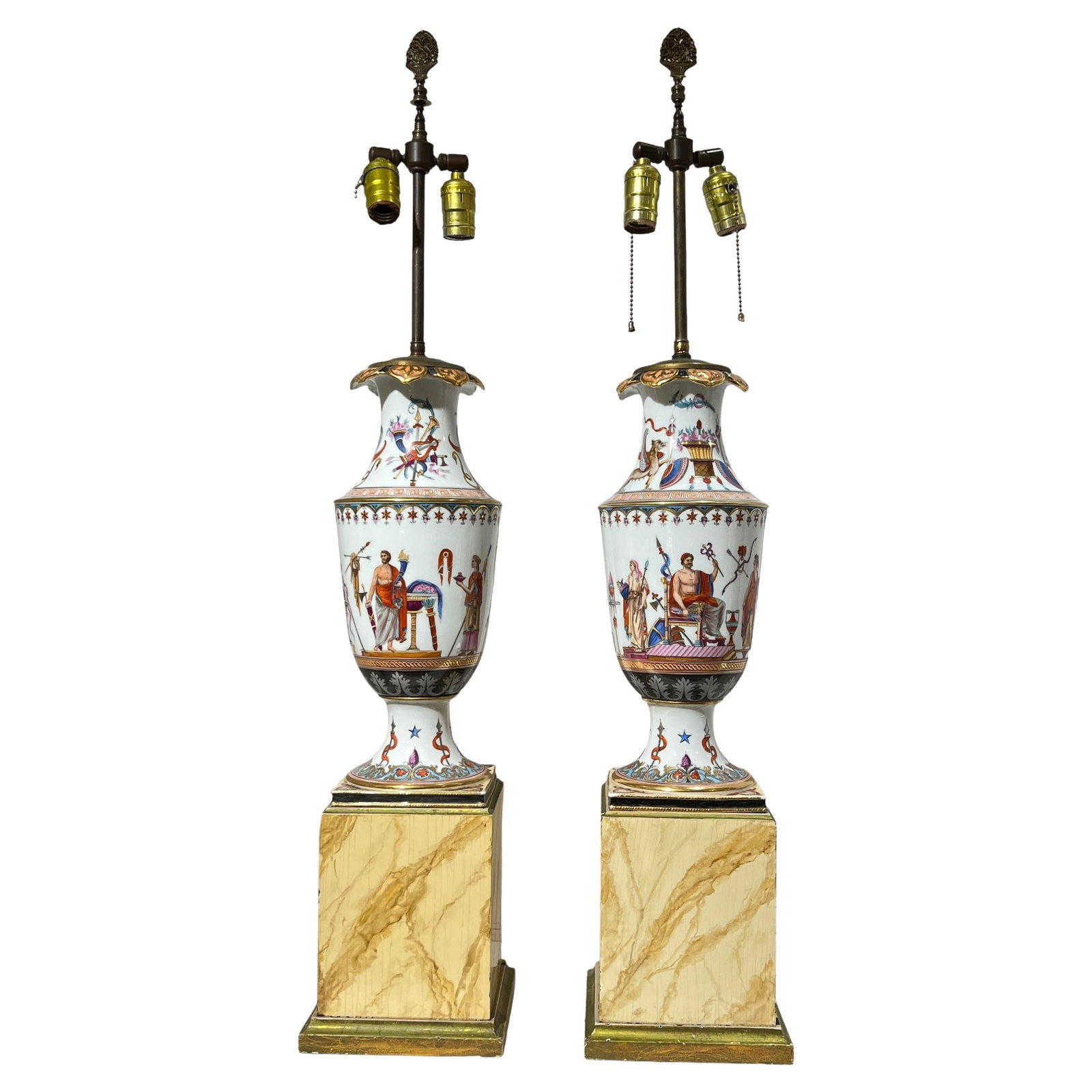 Set of 2 Greek Revival Porcelain Vase Table Lamps 19th Century: Set of 2 Greek Revival Porcelain Vase Table Lamps 19th Century This pair of antique French table lamps features Greek Revival porcelain vases mounted on wooden bases. Crafted in the 19th century, circ