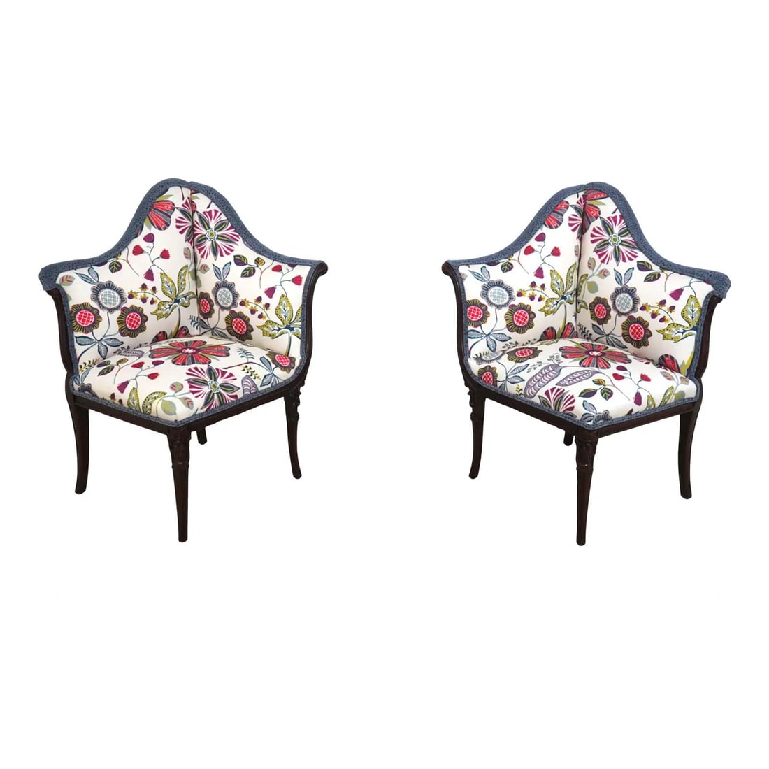 Vintage French Louis XVI Style Upholstered Corner Chairs Pair: Vintage French Louis XVI Style Upholstered Corner Chairs Pair Elevate your living space with this exquisite pair of vintage corner fireside chairs, dating back to the 1940s. Crafted in the elegant Fre