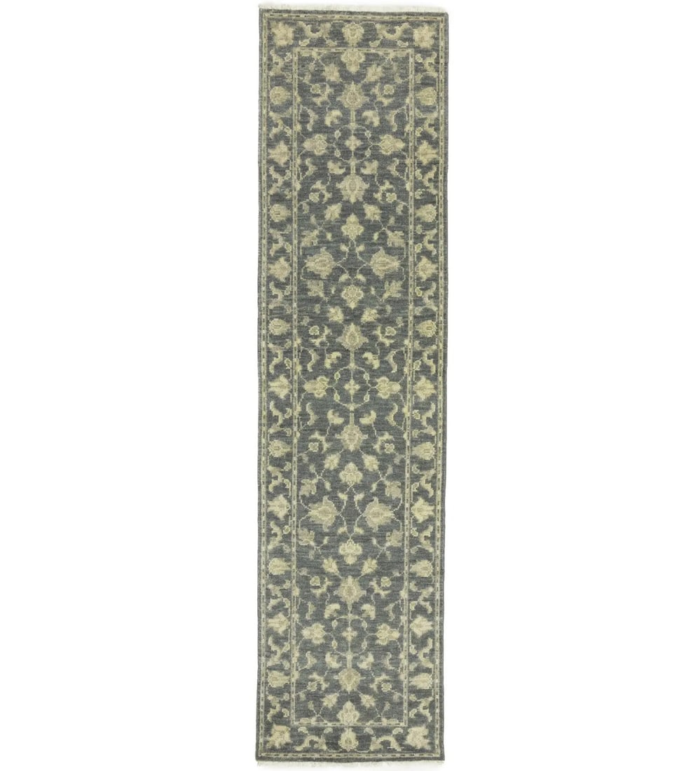 Hand-Knotted Wool Runner Rug 2'3 x 12' Floral Transitional Pattern: Hand-Knotted Wool Runner Rug 2'3 x 12' Floral Transitional Pattern This hand-knotted runner rug features a muted floral pattern in dark slate, cream, and beige tones, offering a transitional style sui