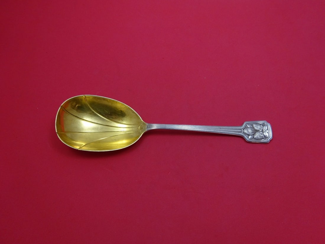 Tiffany & Co. Strawberry Deco Sterling Silver Berry Spoon Gold Washed 9 3/8": Tiffany & Co. Strawberry Deco Sterling Silver Berry Spoon Gold Washed 9 3/8" This exquisite serving spoon from Tiffany & Co. features the elegant Strawberry Deco pattern, crafted from sterling silver 