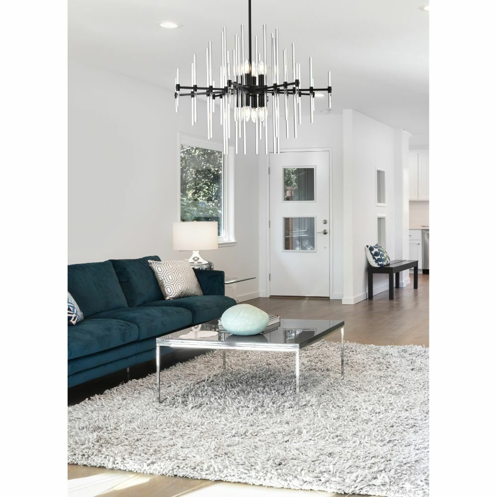 8-Light Black Glass Rod Sputnik Chandelier Sienna: 8-Light Black Glass Rod Sputnik Chandelier Sienna This modern Sputnik-style chandelier features a striking black frame with clear glass rods, offering a contemporary look ideal for foyers, dining room