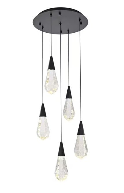 Amora 5-Light Black Crystal Pendant Chandelier: Amora 5-Light Black Crystal Pendant Chandelier This modern pendant chandelier from the Amora Collection features five diamond-faceted clear crystal shades with a sleek black finish, creating a strikin