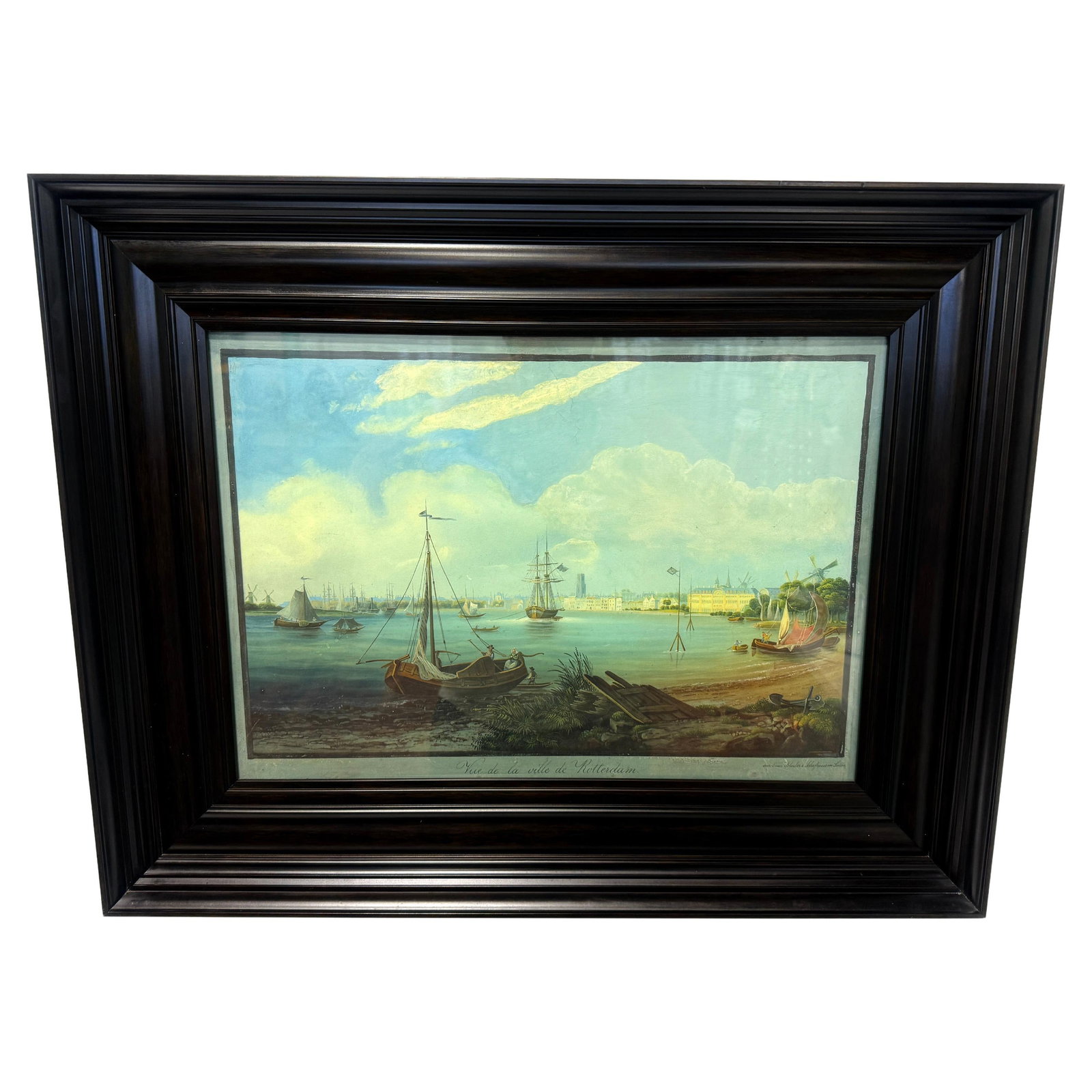 19th Century Rotterdam Harbor Gouache and Watercolor Attributed to Louis Bleuler: 19th Century Rotterdam Harbor Gouache and Watercolor Attributed to Louis Bleuler This 19th-century gouache and watercolor painting, titled 'Vue de la ville de Rotterdam,' presents a detailed harbor pa