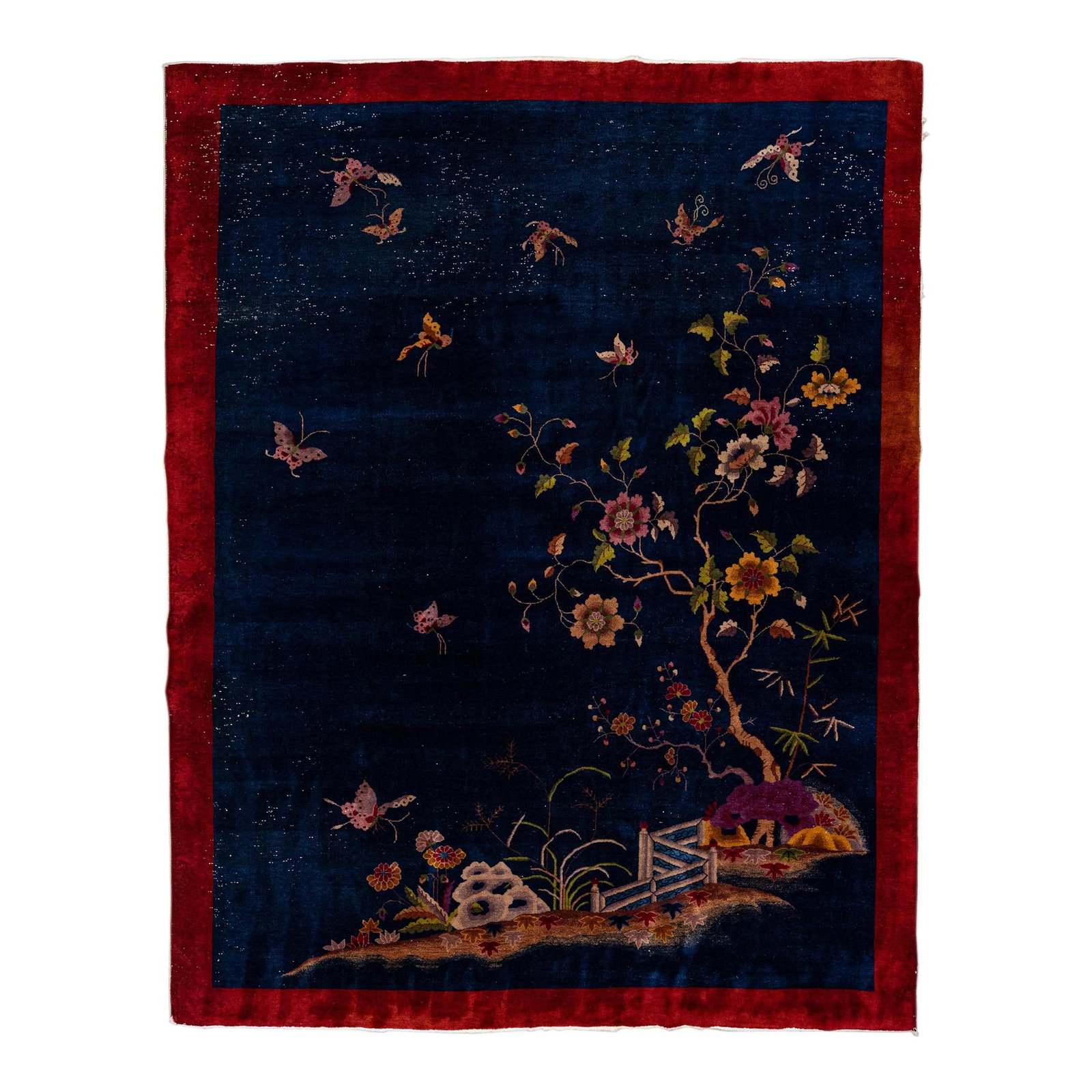 Antique Art Deco Chinese Floral Hand-Knotted Wool Rug 9' x 11'7: Antique Art Deco Chinese Floral Hand-Knotted Wool Rug 9' x 11'7 Discover the elegance of this beautiful antique Art Deco Chinese hand-knotted wool rug. Featuring a captivating blue field, this exquisi