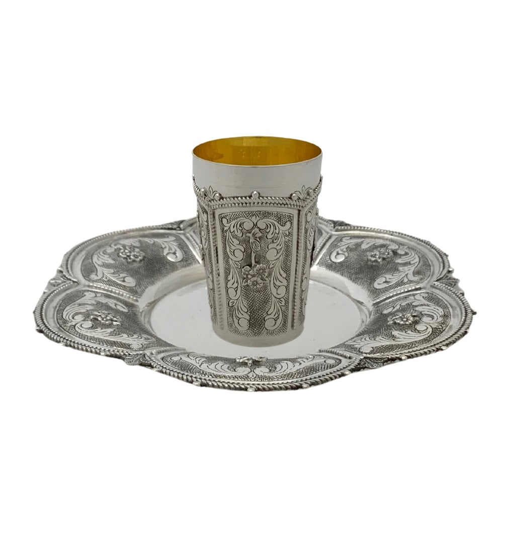 Handmade 925 Sterling Silver Floral Chased Cup and Tray Set (1 of 4)