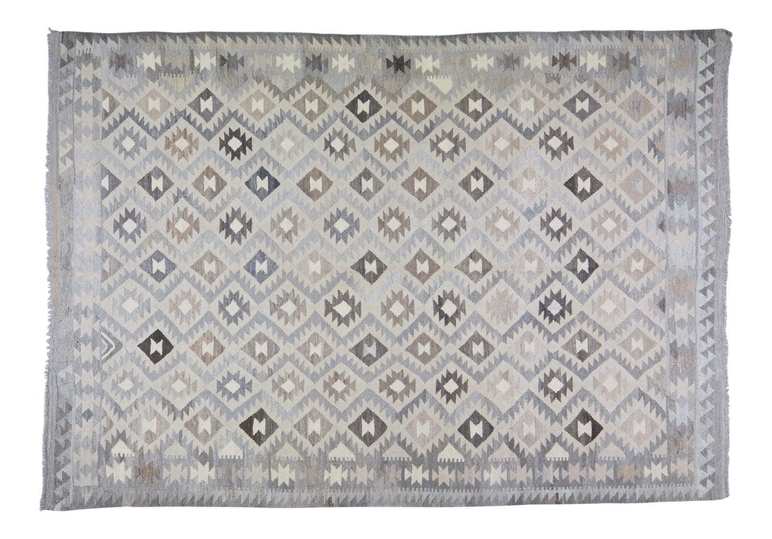 Vintage Maimana Kilim Rug Afghan Tribal Organic Wool Geometric 6'10 x 9'9: Vintage Maimana Kilim Rug Afghan Tribal Organic Wool Geometric 6'10 x 9'9 This vintage Afghan Maimana tribal kilim is hand woven using organic wool and features natural colors with a geometric pattern