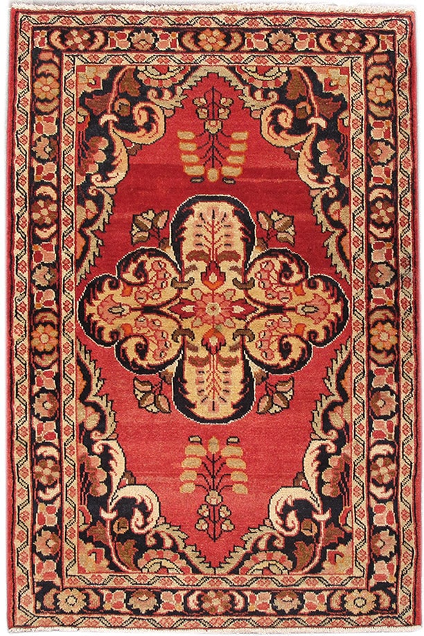 3.7 x 5.1 Handwoven Persian Lilihan Area Rug in Coral Red and Blue (1 of 6)