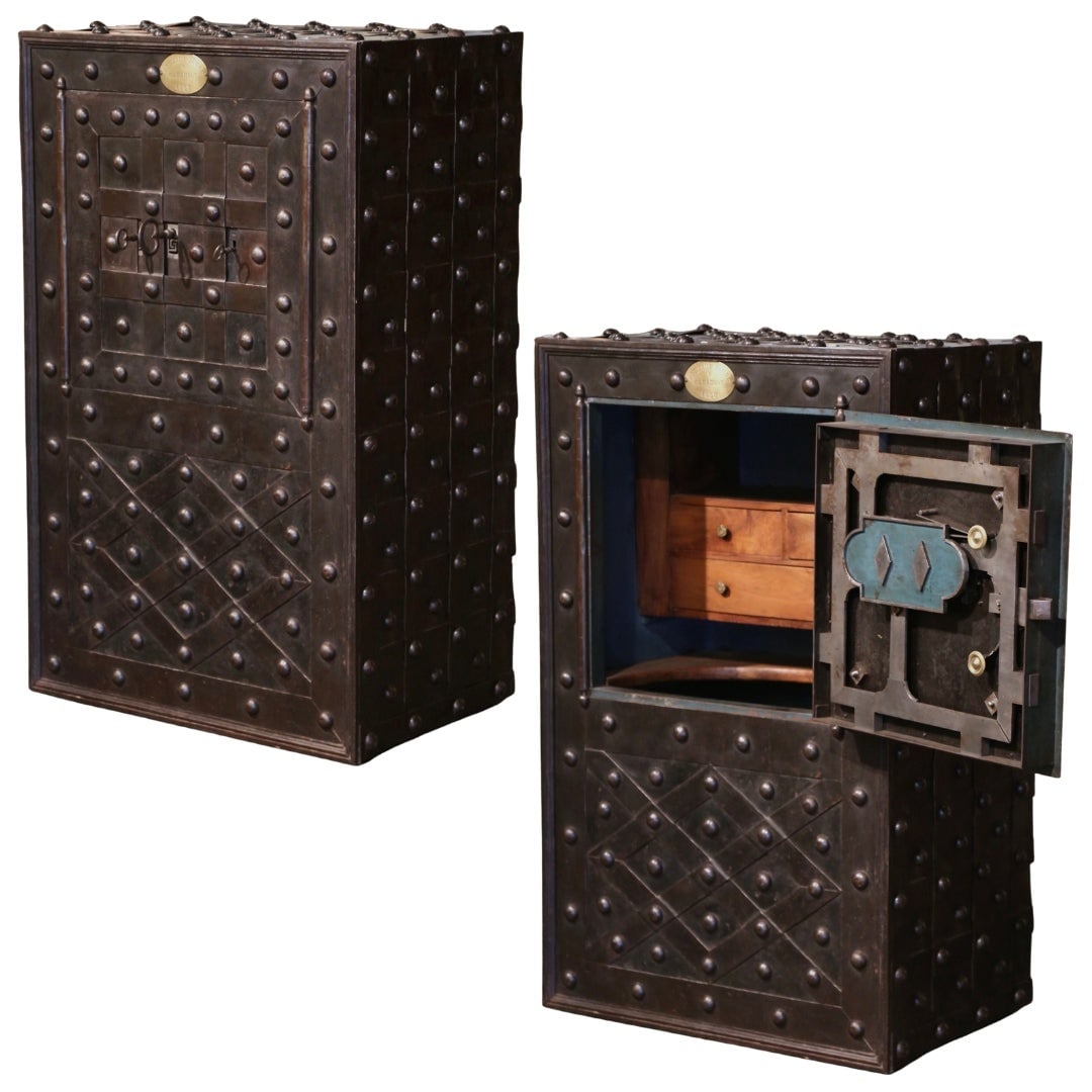 Gothic Wrought Iron Safe Circa 1838 with Hobnail Design: Gothic Wrought Iron Safe Circa 1838 with Hobnail Design This exceptional early 19th-century French wrought iron hobnail studded safe, dated 1838, is a remarkable piece of Gothic design. Crafted by Mag