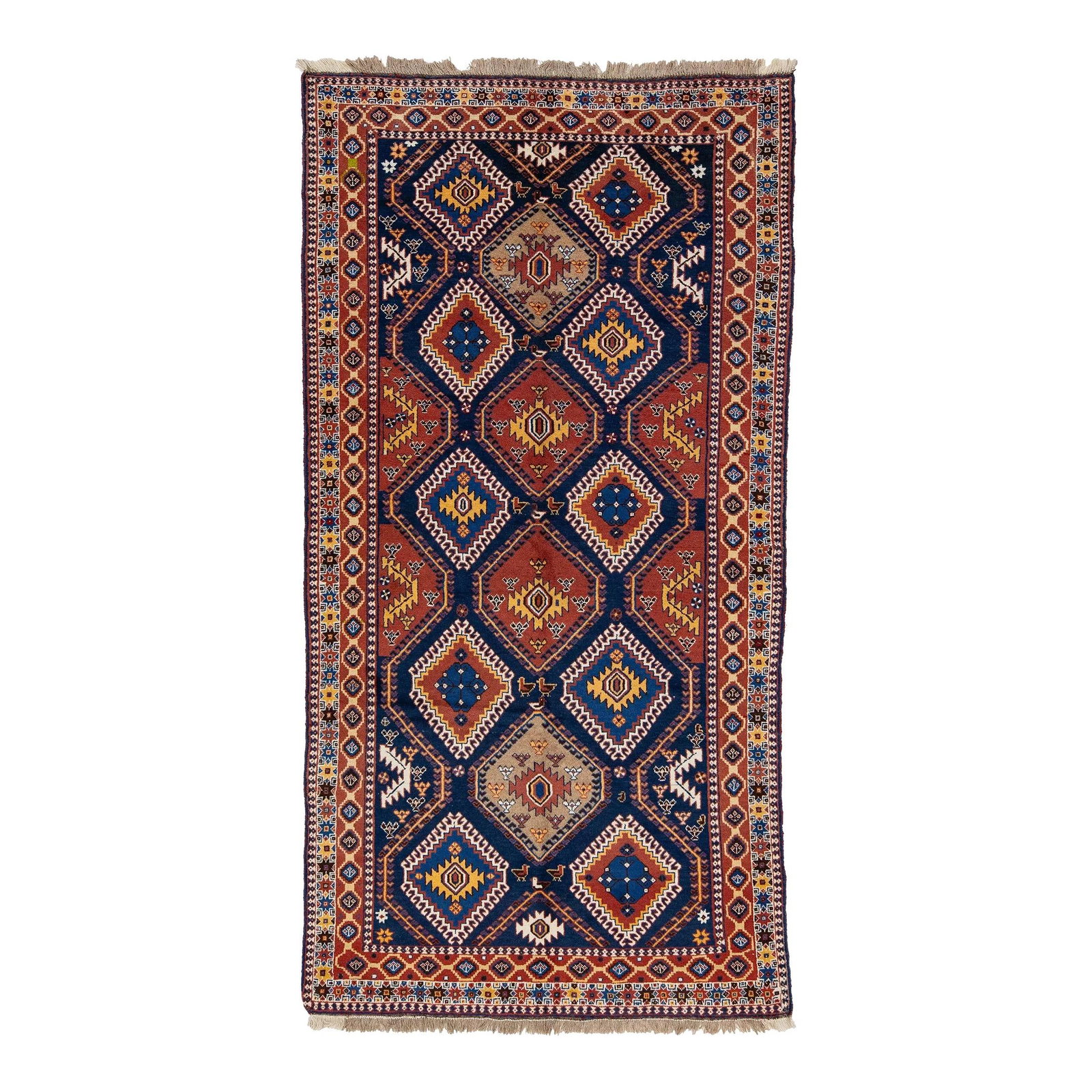 Blue Antique Shiraz Handmade Wool Rug 5'2 x 10'2 Geometric Pattern: Blue Antique Shiraz Handmade Wool Rug 5'2 x 10'2 Geometric Pattern Enhance your space with this stunning Antique Shiraz hand-knotted wool rug, featuring a vibrant multicolor design with an allover geo