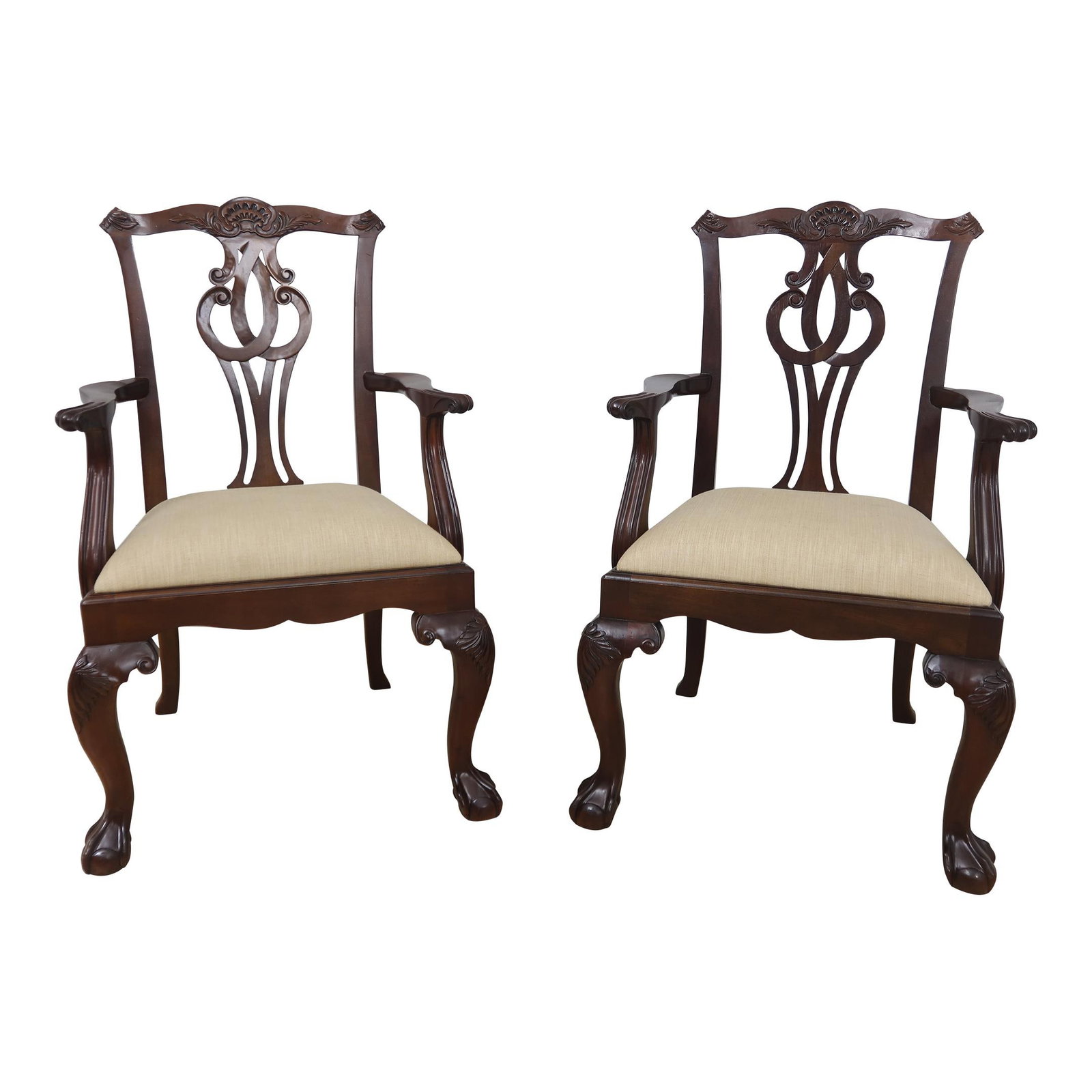 Exquisite Pair of Baker Chippendale Mahogany Armchairs: Exquisite Pair of Baker Chippendale Mahogany Armchairs This exquisite pair of Baker Ball & Claw Chippendale armchairs showcases a timeless design inspired by 18th-century aesthetics. Crafted from high