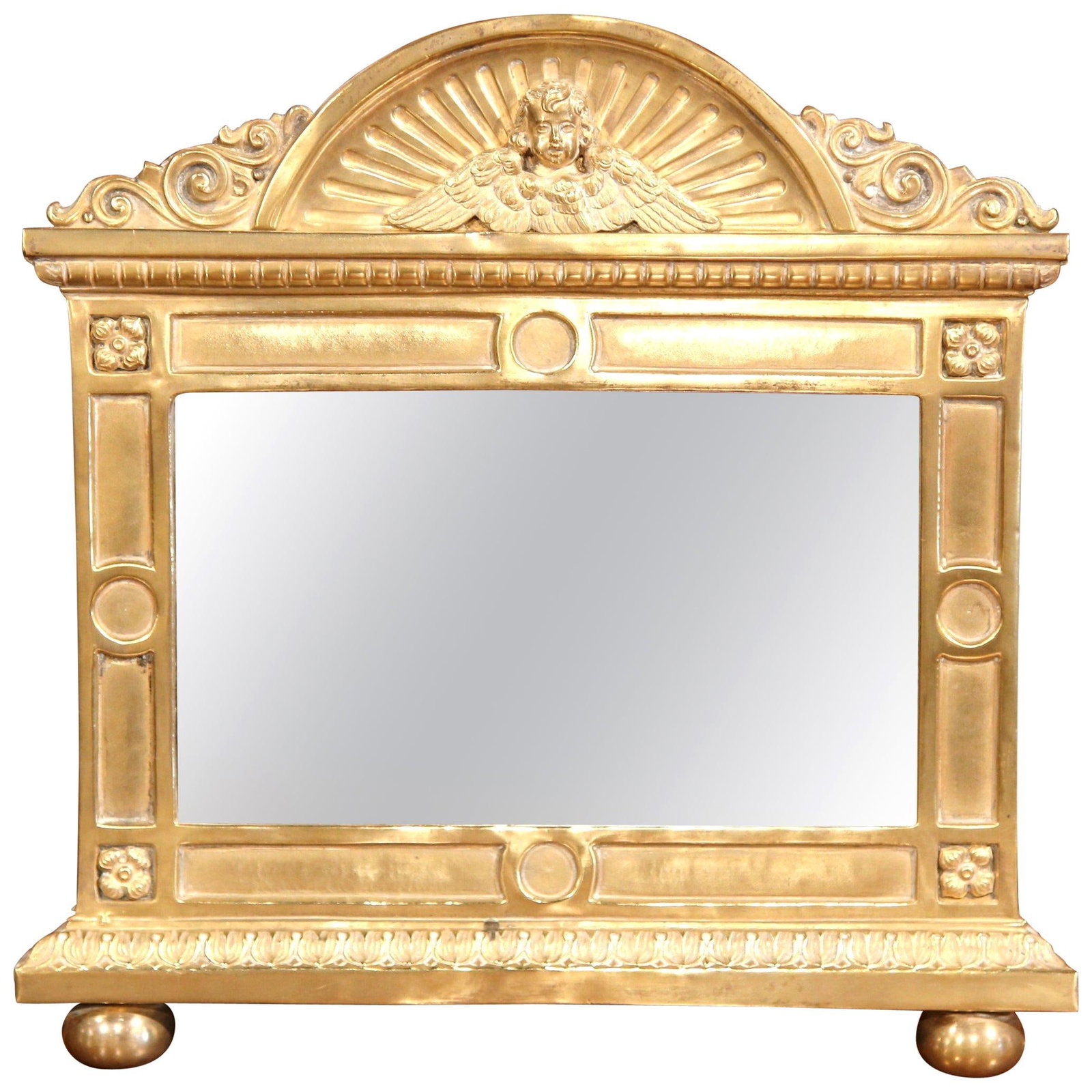 French Brass Repousse Wall Mirror with Cherub Crest (1 of 8)
