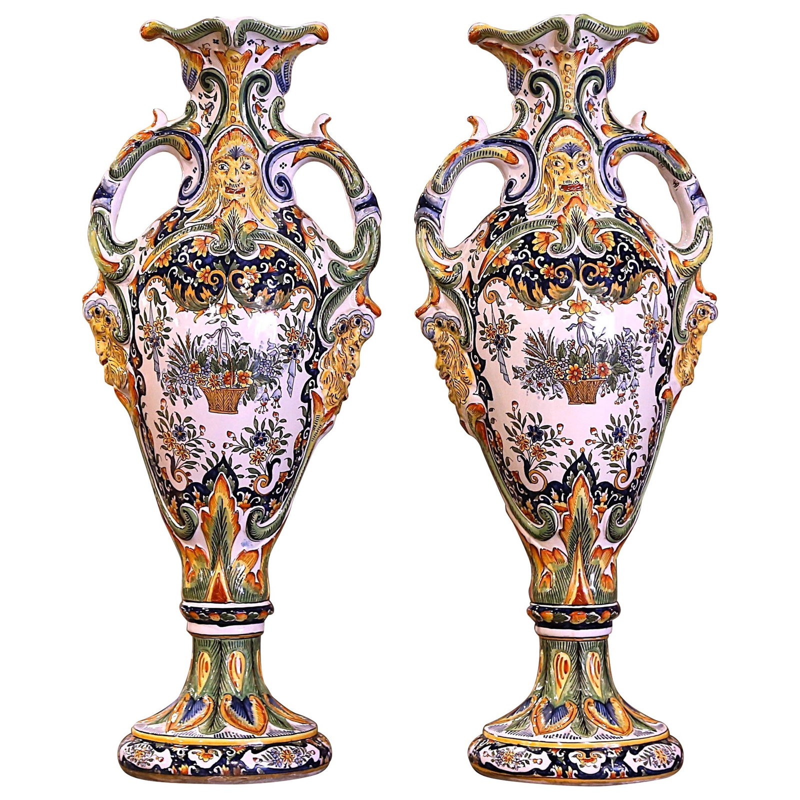 Set of 2 Early 20th Century Rouen Hand-Painted Faience Vases: Set of 2 Early 20th Century Rouen Hand-Painted Faience Vases Enhance your decor with this exquisite pair of early 20th century hand-painted faience vases from Rouen, France, crafted circa 1920. Each e