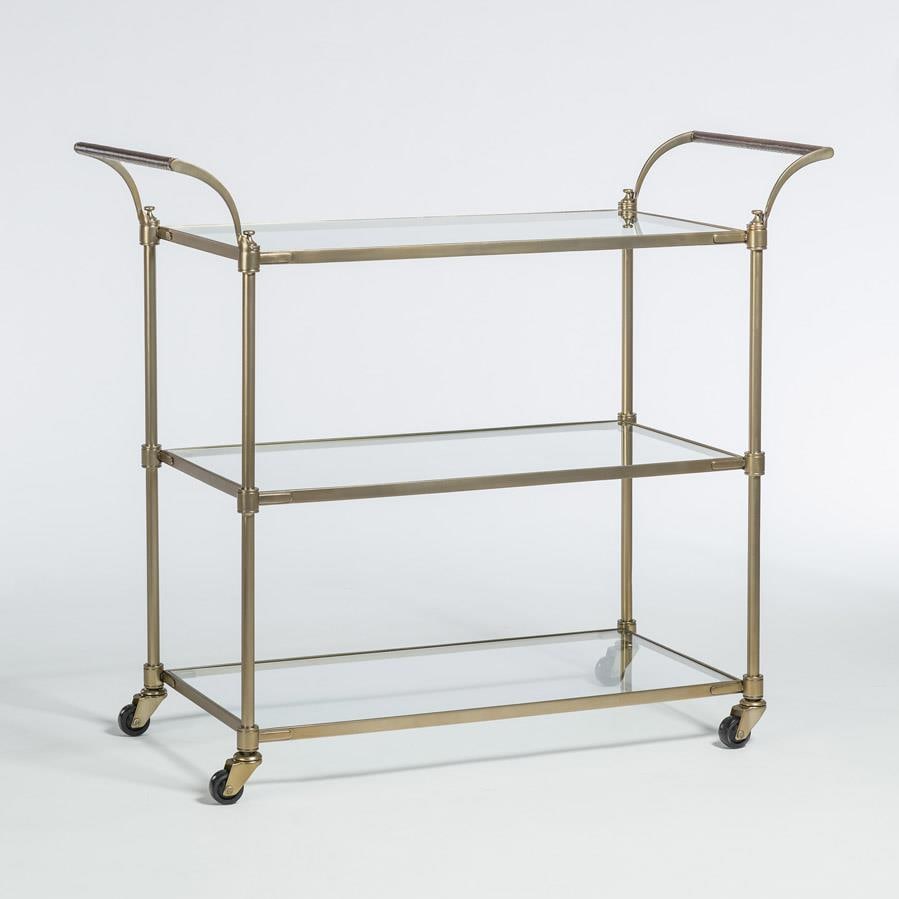 Alder Tweed Brass Bar Cart Wakefield Collection 37H x 42W x 18D: Alder Tweed Brass Bar Cart Wakefield Collection 37H x 42W x 18D Introducing a sophisticated antique-style bar cart that beautifully combines vintage charm with modern functionality. Crafted with a stu