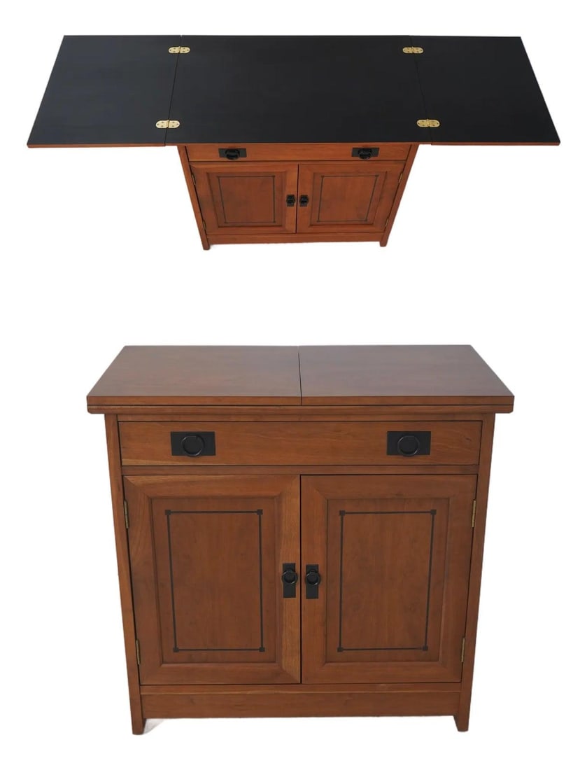 Cherry Wood Mission Style Bar Cabinet With Inlay and Fold Out Top (1 of 10)