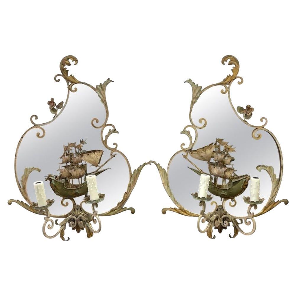 Vintage Venetian Mirrored Tole Sconces Set of 2 Ship Motif Italy 1930s: Vintage Venetian Mirrored Tole Sconces Set of 2 Ship Motif Italy 1930s This exquisite pair of antique Venetian sconces features a captivating ship motif, elegantly blending artistry and functionality.