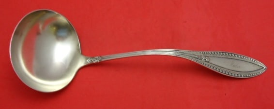Whiting Indian Sterling Silver Soup Ladle 13 Inch Monogrammed: Whiting Indian Sterling Silver Soup Ladle 13 Inch Monogrammed This exquisite soup ladle features the classic 'Indian' pattern by Whiting, crafted from high-quality sterling silver. Measuring an impres