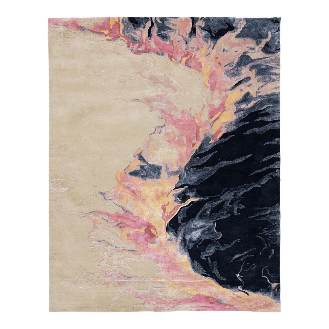 8' x 10' Hand Tufted Wool and Viscose Abstract Rug: 8' x 10' Hand Tufted Wool and Viscose Abstract Rug Hand-tufted modern abstract rug with a bold design inspired by molten lava meeting the sea. It features a plush pile and a color palette of deep navy