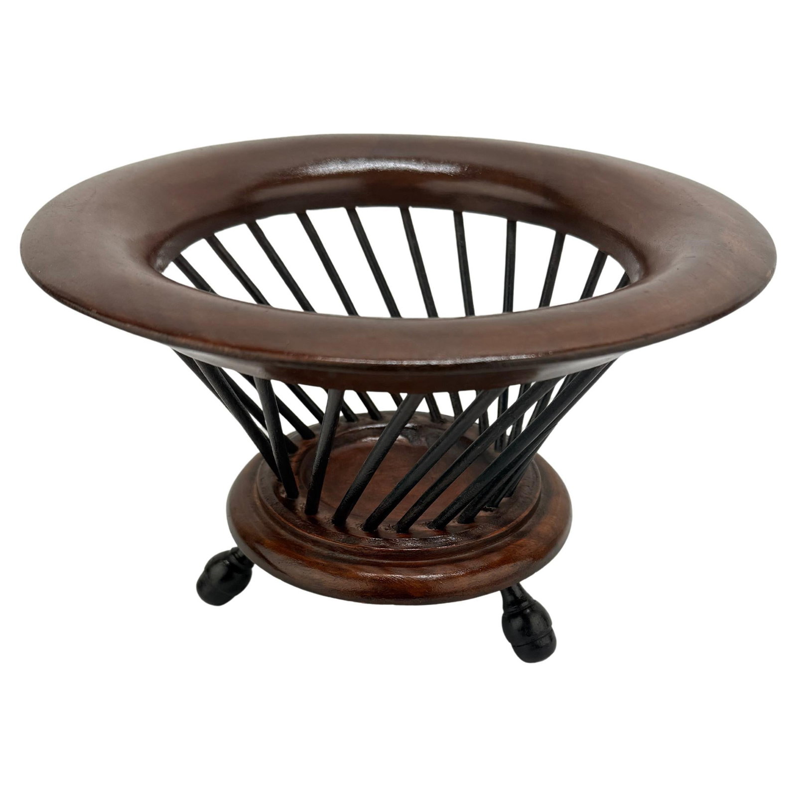 Antique Anglo-Indian Teak and Ebonized Wood Basket Circa 1890: Antique Anglo-Indian Teak and Ebonized Wood Basket Circa 1890 This exquisite late 19th-century Anglo-Indian turned basket showcases the remarkable craftsmanship of the period. Constructed from richly 