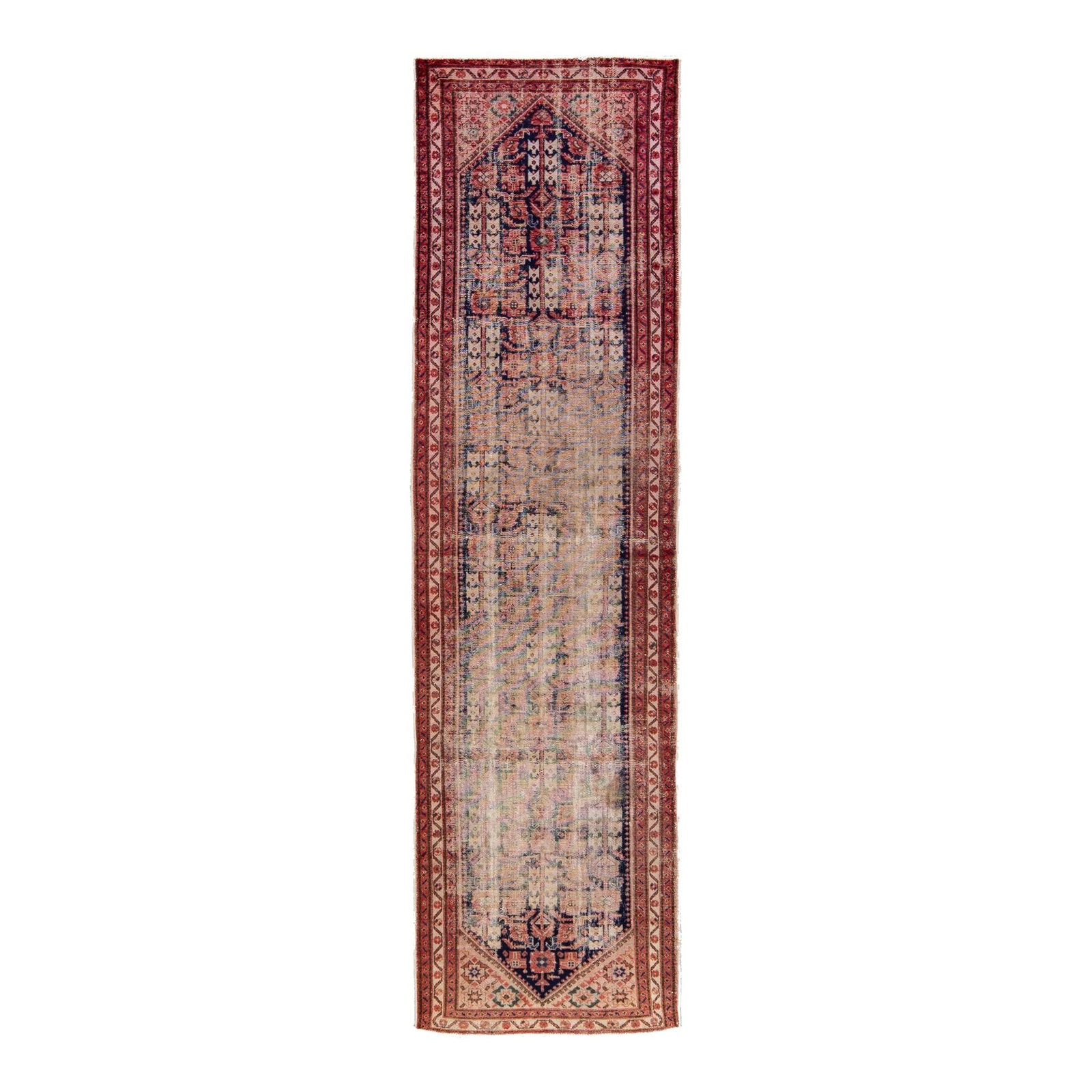 Vintage Malayer Hand-Knotted Wool Runner Blue Distressed 3'6 x 13' (1 of 9)