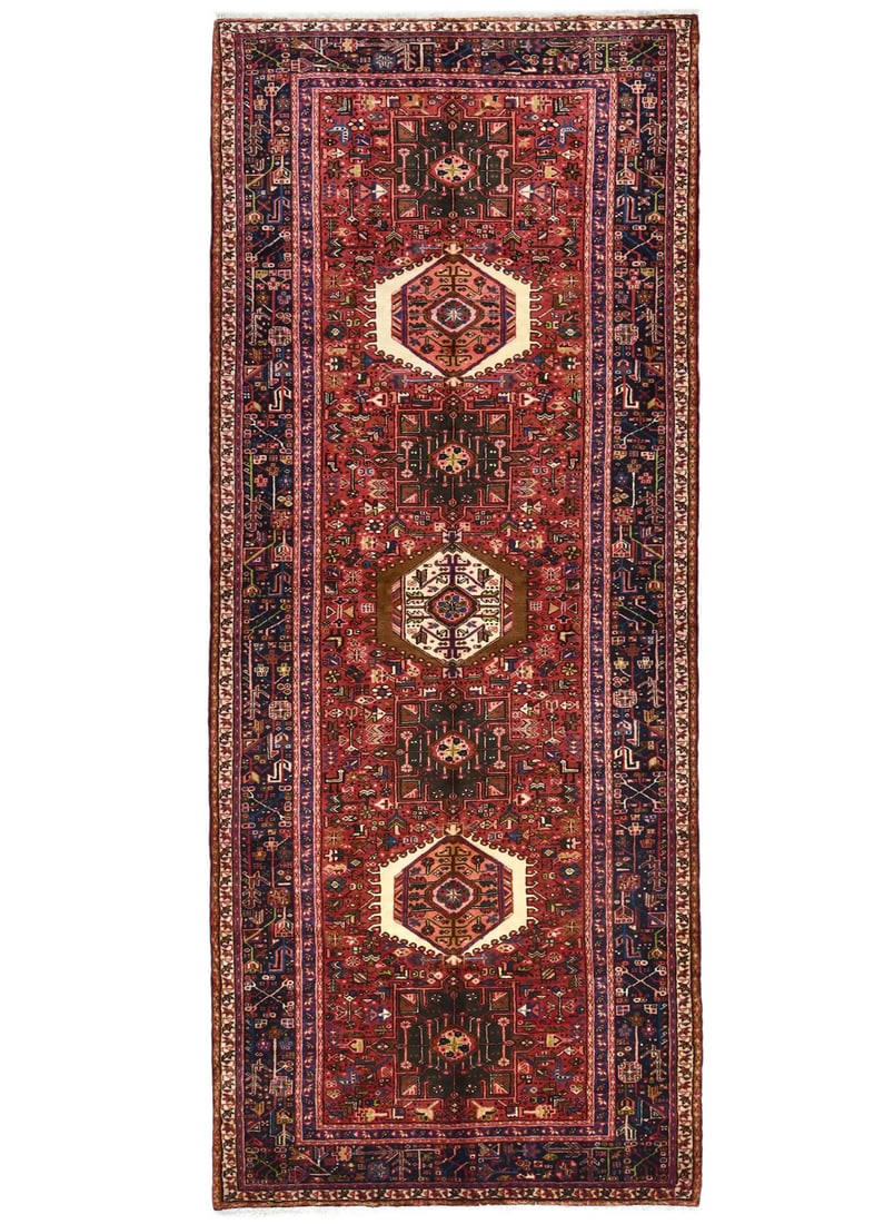Handmade 5'2 x 12'9 Oriental Wool Geometric Runner Rug Vintage Style: Handmade 5'2 x 12'9 Oriental Wool Geometric Runner Rug Vintage Style Enhance your space with this exquisite handmade Oriental runner rug, featuring a striking geometric design in a rich color palette 