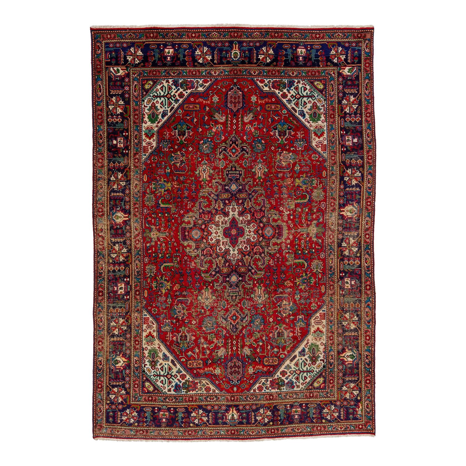1960s Handmade Red Wool Medallion Rug Vintage Heris 6'6 x 9'7: 1960s Handmade Red Wool Medallion Rug Vintage Heris 6'6 x 9'7 This stunning vintage hand-knotted wool rug from the 1960s features a vibrant red field adorned with a beautiful medallion design in multi