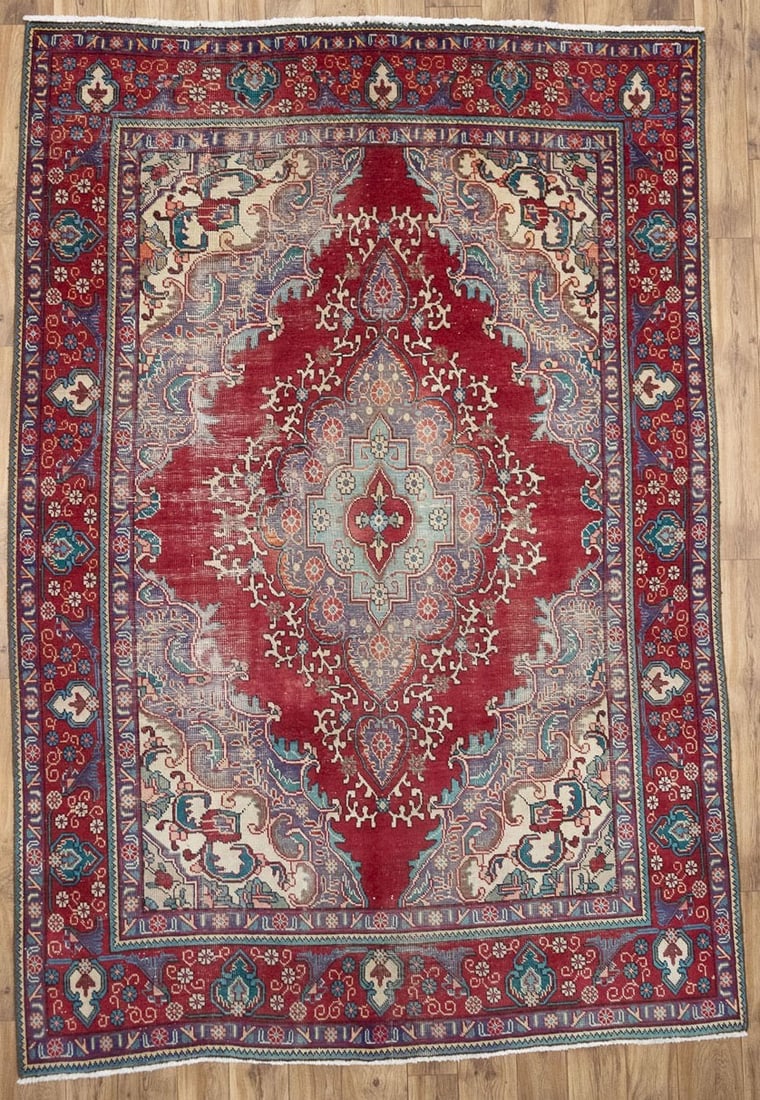 Hand-Knotted Wool Floral Area Rug 6'4 x 9'5 Vintage Red Purple: Hand-Knotted Wool Floral Area Rug 6'4 x 9'5 Vintage Red Purple This semi-antique hand-knotted Oriental rug features a distressed floral design in a vibrant mix of red, purple, cream, beige, blue, gree