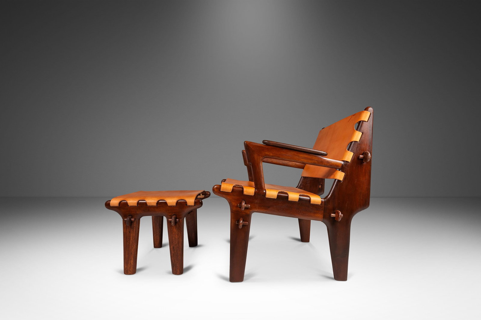 Restored Angel Pazmino Mid-Century Leather Sling Chair Ottoman Set Ecuador 1960s (1 of 10)